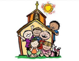cartoon image of kids in front of a church