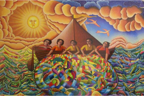 abstract painting of people in a boat with fish and a bright sun above
