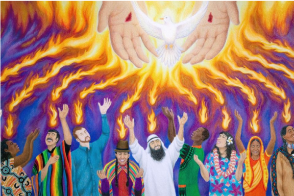 pentecost, diverse crowd holding hands up to sky where fire and large Jesus hands appear with a white dove