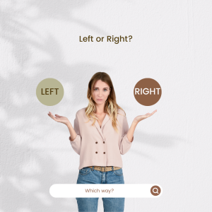 woman holding up her hands asking left or right?