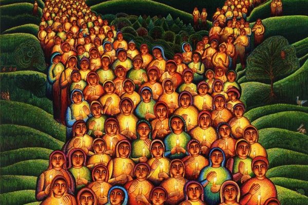 cartoon of people in green rolling hills all holding a candle
